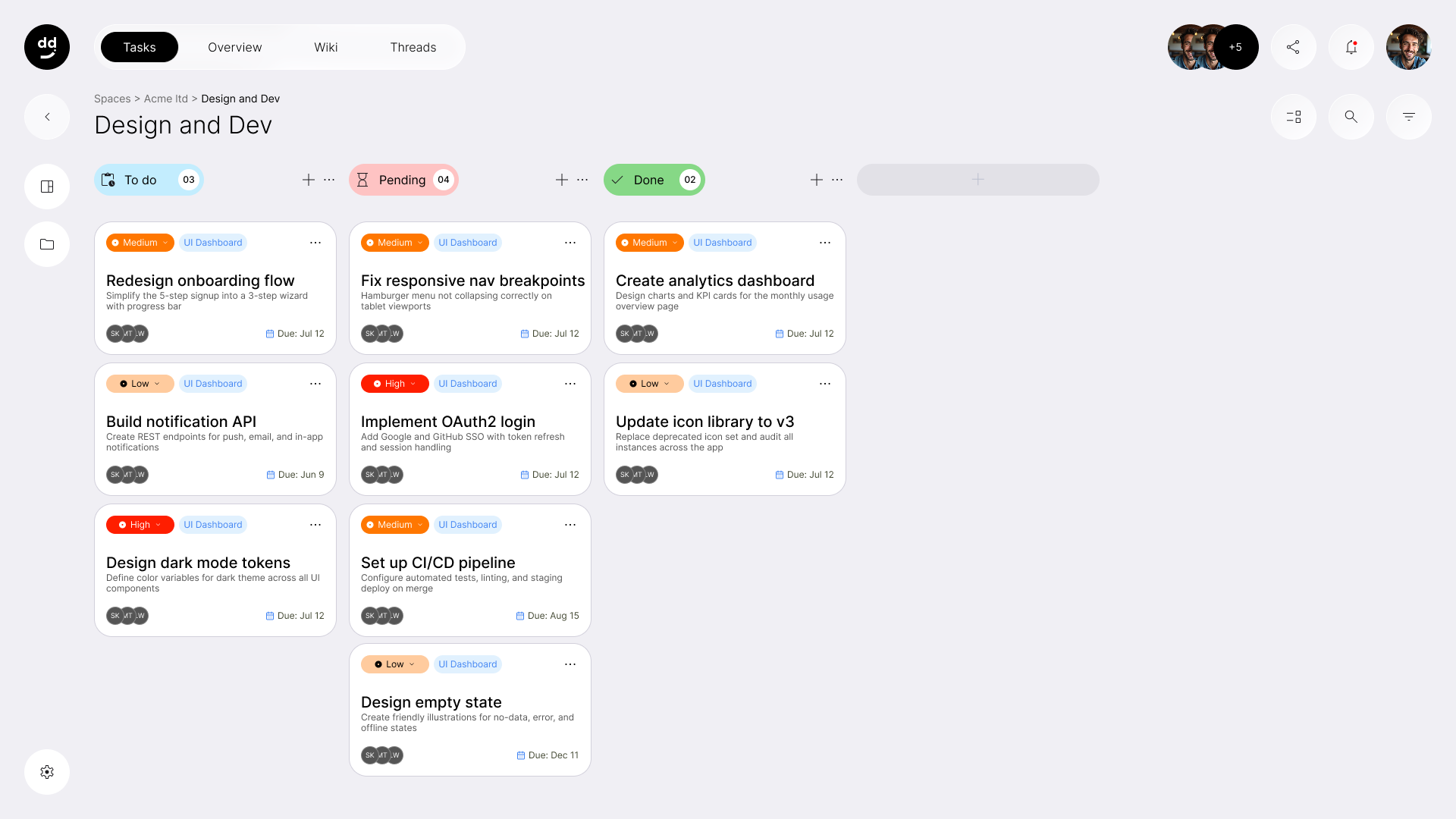 Huddlist Projects view showing tasks arranged across Backlog, Pending, and Done columns.